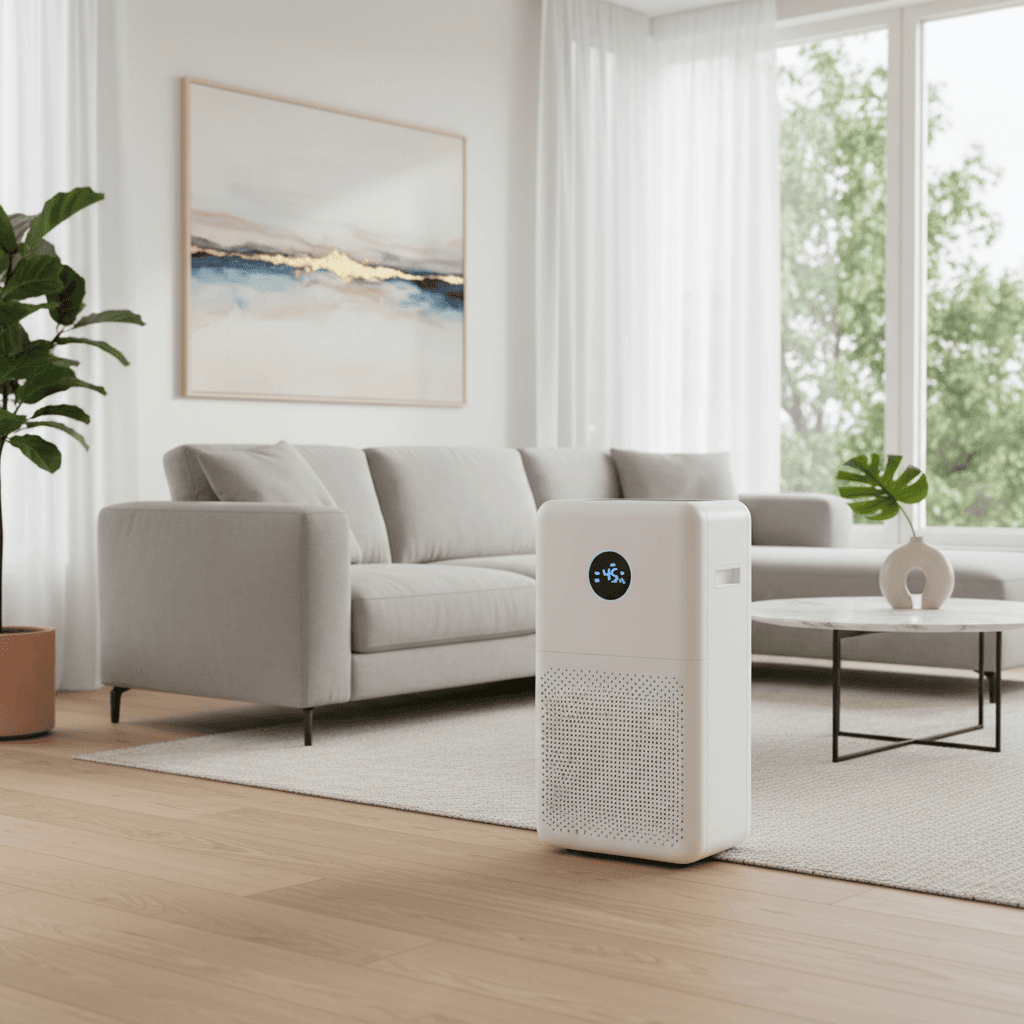 Déshumidificateur et purificateur d\'air dans un salon lumineux